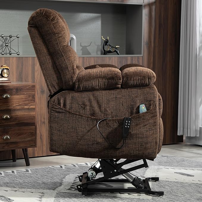 3-Motor Lift Chair with Adjustable Seat Height Zero Gravity Lay Flat Recliner with Heat Massage - Flip Arm Storage Cup Holders - Power Lift Recliner for Elderly – Big Tall 400 lbs (Dark Brown)