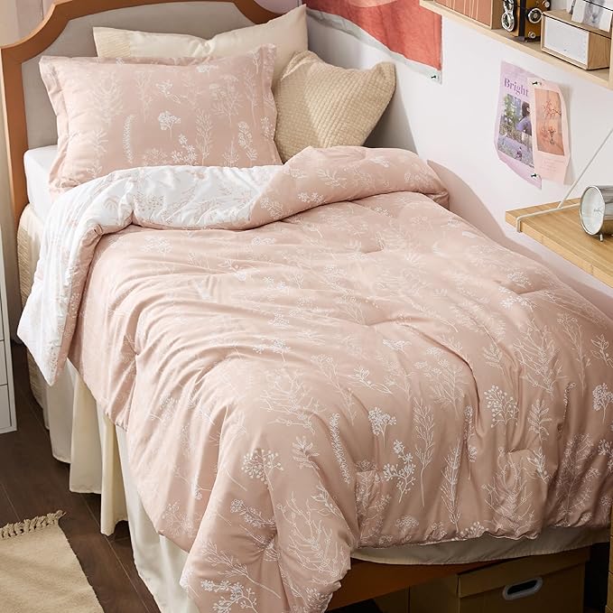 Bedsure Twin/Twin XL Comforter Set - Dusty Rose Bed Set, 2 Pieces Cute Floral Bedding, 1 Soft Reversible Botanical Flowers Comforter and 1 Pillow Sham
