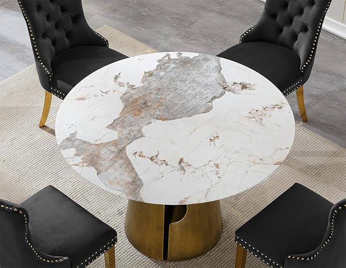 5-Piece Faux Marble Round Dining Table Set for 4, Modern Luxury Kitchen Table Set for 4 with Black Tufted Chairs,Circle Dining Tables with Pandora Grain Top and Bronze Pedestal Base