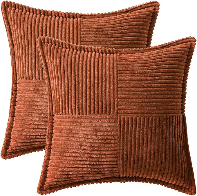 MIULEE Dark Rust Fall Decorative Throw Pillow Covers for Couch Bed Livingroom 18x18 Inch Set of 2 Boho Accent Throw Pllows Broadside Striped Patchwork Soft Corduroy Pillowcases
