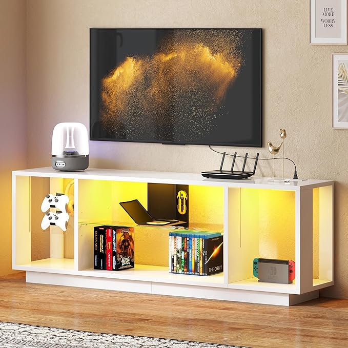 DlandHome LED TV Stand for TVs up to 60inch, Entertainment Center with Open Storage Shelves, TV Media Console Table for Bedroom, Living Room, White