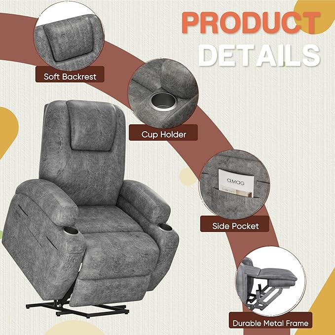 Electric Power Lift Recliner Chair with Massage for Elderly Corduroy Fabric Recliner Single Sofa with Cup Holders, Side Pockets and Remote Control for Living Room Bedroom (Leathaire, Light Gray)