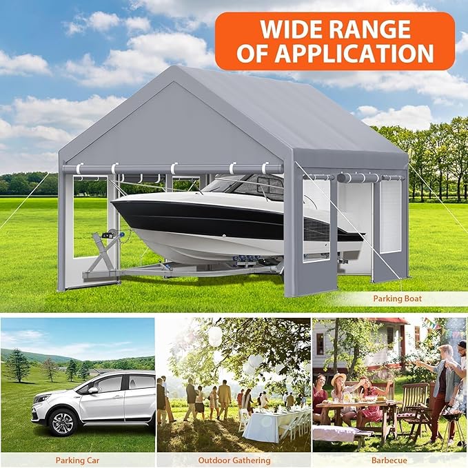 Garvee 13x20 ft Heavy Duty Carport, Extra Large Galvanized Steel Car Canopy with All-Season Tarp Cover, 4 Roll-Up Doors & Mesh Windows, Portable Garage Shelter for Car, Truck, SUV, Boat, Grey