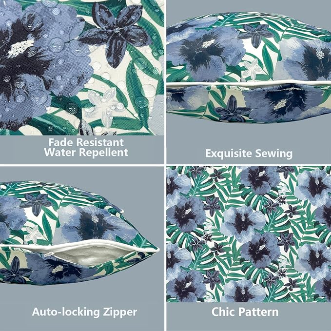 LVTXIII Outdoor Lumbar Pillow Covers 12"x20", Covers ONLY, 2 Pack 30x50cm Lumbar Cushion Cover with White Piping for Home Patio Garden Sofa Bench, Blue Salmone Tropical