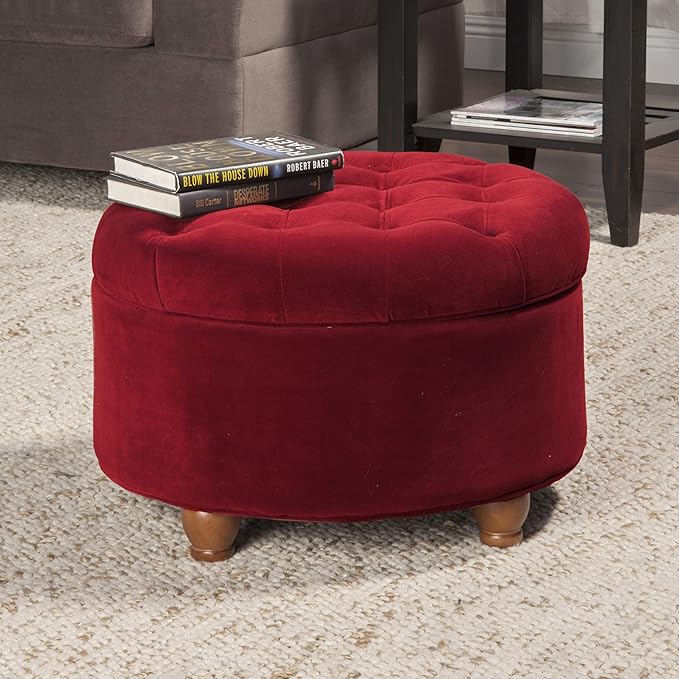 Homepop Home Decor |N8264-B119 | Large Button Tufted Velvet Round Storage Ottoman | Ottoman with Storage for Living Room & Bedroom, Berry