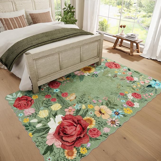 Floral Washable 6'x9' Area Rugs for Bedroom, Soft Lightweight Rug for Living Room Non Slip Dining Room Green Rug, Stain Resistant Boho Vintahe Easy Clean Throw Carpet for Office