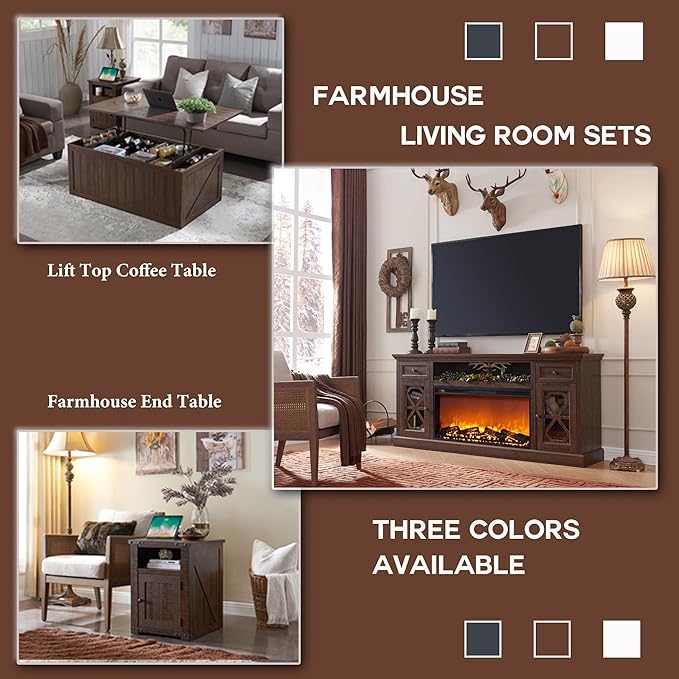 Farmhouse Fireplace TV Stand with 36" Electric Fireplace for 80 Inch TVs, 31" Tall Entertainment Center w/Drawer & Diamond Panel Door, Highboy Media Console for Living Room, 70inch, Brown