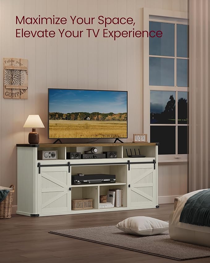 VASAGLE TV Stand for TVs up to 75 Inches, Farmhouse Entertainment Center with Sliding Barn Doors, Console Table for Living Room, Rustic White and Honey Brown ULTV323W02