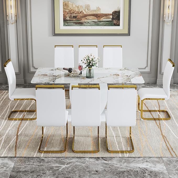 Dining Table Set for 8, Kitchen Table Chairs Set of 8, Modern Dining Room Set with 71" Marble Dinner Table PU Leather Upholstered Chairs for Kitchen