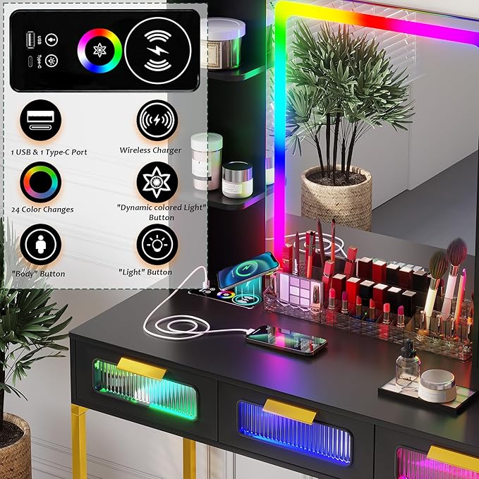 HNEBC Black LED Vanity, Makeup Vanity with RGB Lights and 6 Drawers for Bedroom, Makeup Desk with USB/Wireless Charging, Dressing Table with Shelves/Cabins/Stool, Vanity Table Set as Gifts for Girls