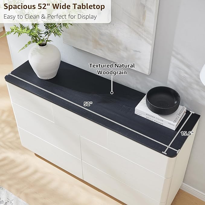 Modern 7 Drawer Dresser for Bedroom, 52" Wide Handleless Chest of Drawers, Push-to-Open Large Wood Storage, Dresser TV Stand for Bedroom, Living Room, Hallway, Curved Profile, White