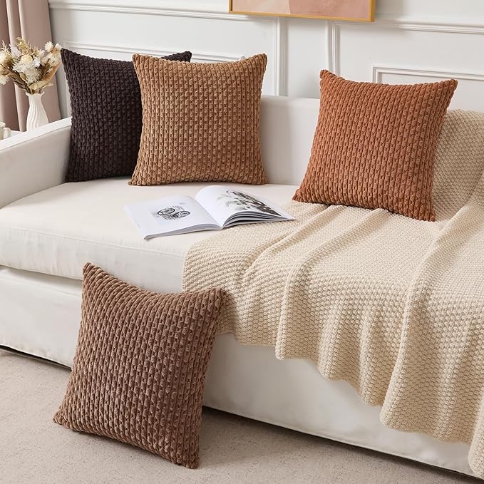 Kevin Textile Decorative Pillow Covers Set of 2 Striped Plush Corduroy Pillows Pillowcases Boho Home Decor Cushion Covers for Couch Sofa Bed Living Room 16x16 Inch, Burnt Orange