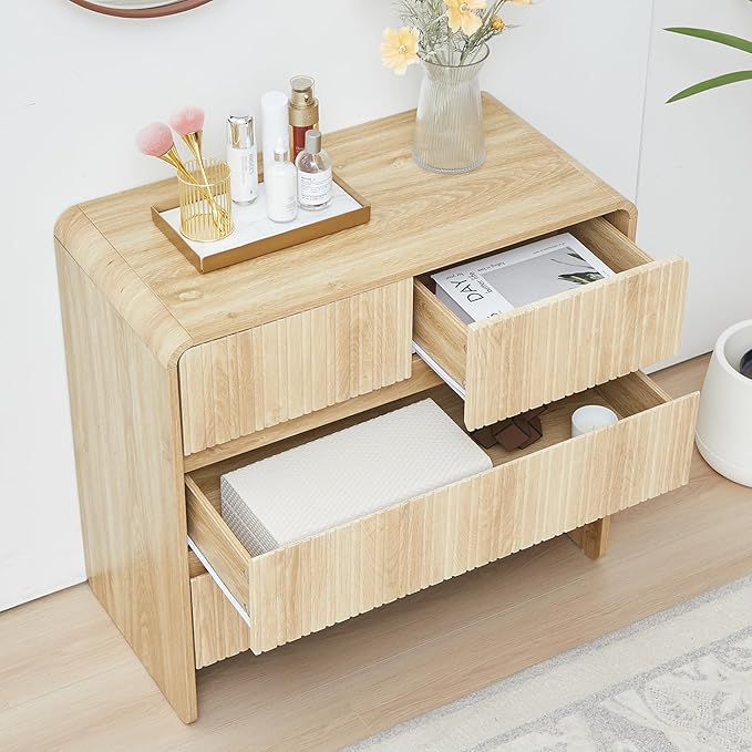 Fluted 3 Drawer Dresser for Bedroom,Mid Century Modern Wide Chest of Drawer,Curved Edge Wood Closet Dresser Nightstand for Bedroom Living Room Hallways (Natural, Wide 3 Drawer)