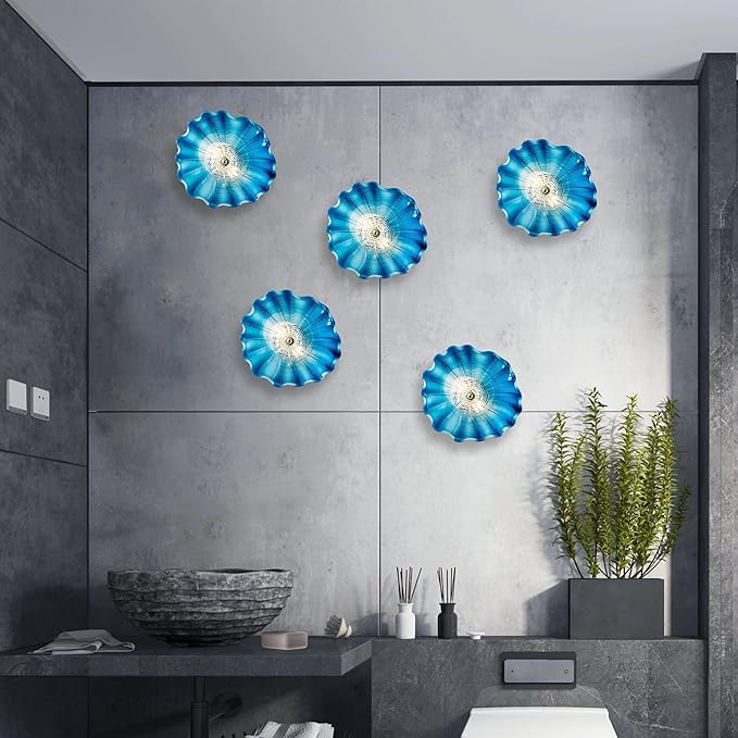 Hand Blown Glass Plate Wall Decor, Modern Unique Glass Wall Art, Lotus Leaf Wall Plate Shape Wall Sconce with Transparent and Easy to Clean for Staircase, Living Room, Kitchen, Hallway (Blue-1)
