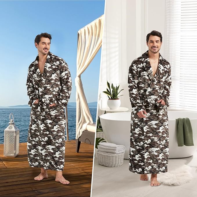 FashGudim Mens Robes Big and Tall Full Length Plush Fleece Long Robe for Men Bathrobe Shawl Collar Warm Winter House Robes