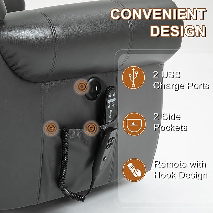 Power Lift Recliner Chair for Elderly, Dual Motor Massage Recliner with Lumbar Heat, Heavy Duty Motion Mechanism Lift Chair with Charge Ports, Faux Leather - Gray