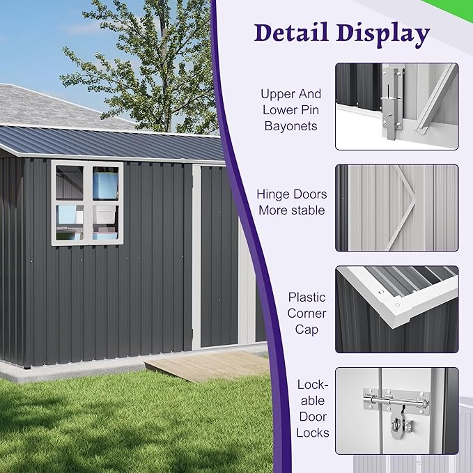 10 x 8 FT Outdoor Storage Shed with Floor, Metal Garden Tool Shed with Vents,Windows,Slooping Roof and Lockable Doors, All-Weather Bike Shed Easy to Assemble for Backyard, Patio, Lawn, Grey