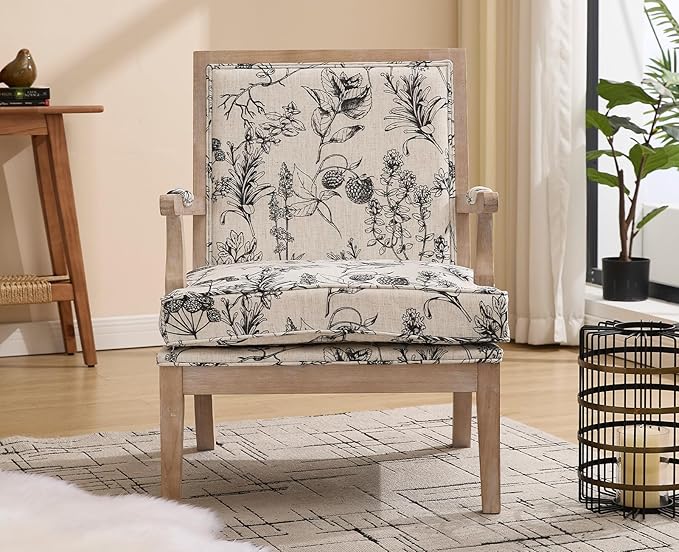 chairus Farmhouse Linen Accent Chair Set of 2, Upholstered Reading Chair with Solid Wood Frame Lounge Arm Chair with High Back for Living Room, Reception Room, Waiting Room, Floral Pattern
