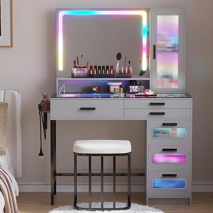 HENBC Vanity with Mirror and LED Lights, Glass Top Vanity Desk with Charging Station(Wireless+USB+Type-C), RGB Makeup Table Set with Stool/Makeup Organizer/6 Drawers for Bedroom,Grey