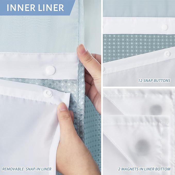 54x80 Shower Curtain for Small Bathrooms,No Hook Design Fits Low Ceiling,Waterproof Fabric with 80" Extra Long Magnetic Hem,Fog Blue Waffle Weave and Machine Washable Hotel Grade.