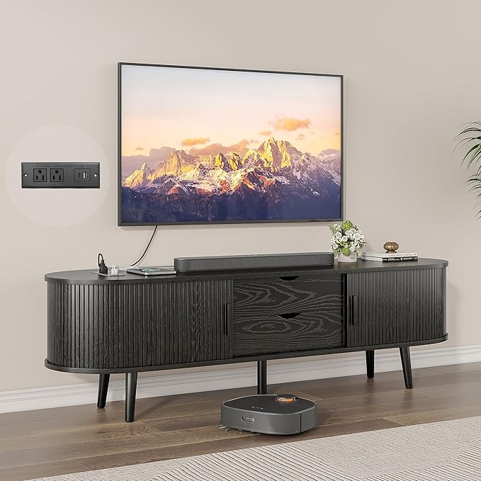 Alohappy 59" Mid Century Modern TV Stand with Charging Station, Curved Edge Fluted TV Console Table with Drawer and Shelf, Farmhouse Media Entertainment Center for Living Room, Bedroom, Black