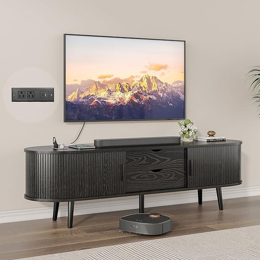 Alohappy 59" Mid Century Modern TV Stand with Charging Station, Curved Edge Fluted TV Console Table with Drawer and Shelf, Farmhouse Media Entertainment Center for Living Room, Bedroom, Black