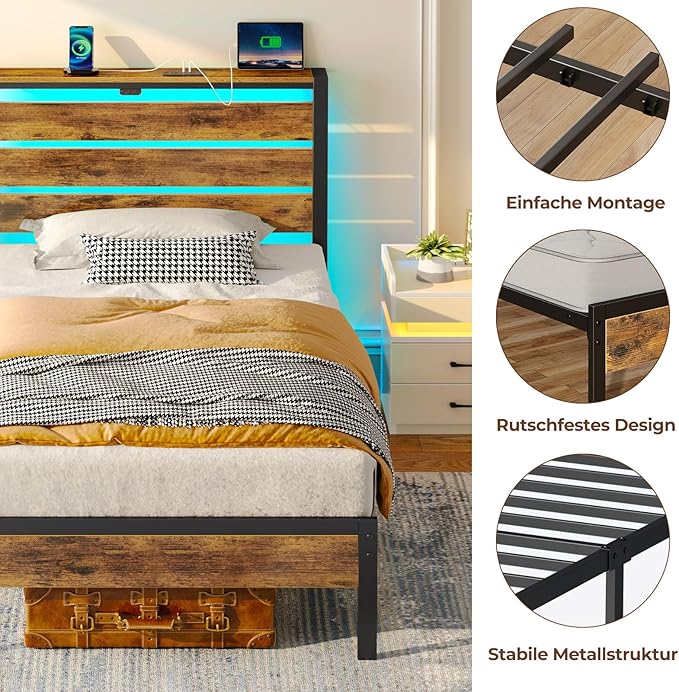 Rolanstar Bed Frame Twin Size with USB Charging Station, LED Bed Frame with Wood Storage Headboard, Rustic Brown Metal Platform Bed with Under Bed Storage, No Box Spring Needed, Noise Free