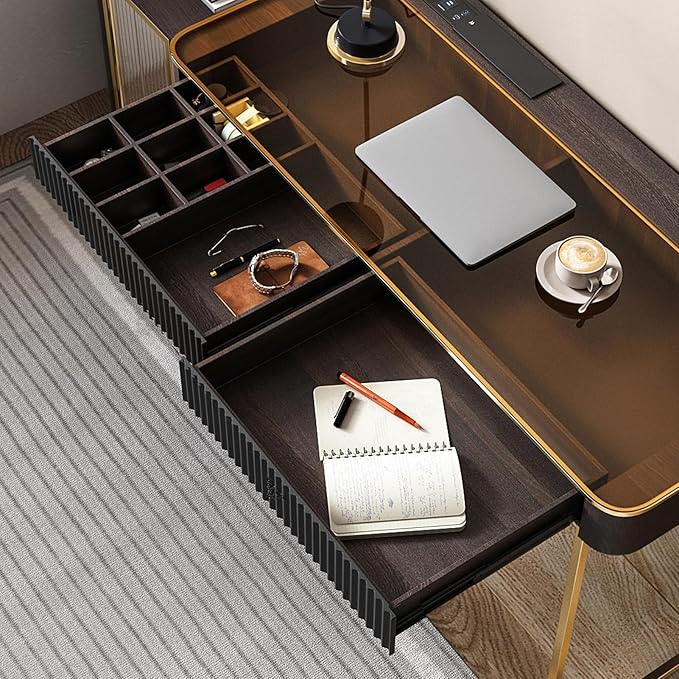 Lartis Office Desk, Very Easy to Assemble, Computer Desk, Home Telescopic Writing Desk, Modern Computer Desk with Retractable Cabinet Built-in LED Lights (Black Brown, 53 in)