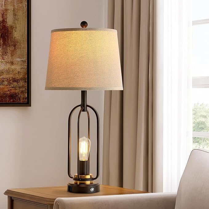 Farmhouse Table Lamps for Living Room Set of 2, 28.5" Tall Rustic Table Lamps with USB Ports, 3-Way Dimmable Vintage Bedside Lamps for Bedroom Nightstand, Bulbs