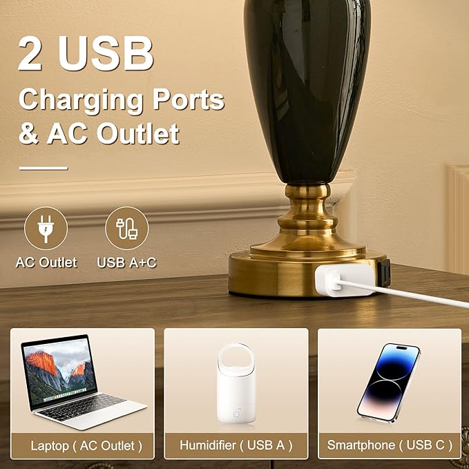 24" Ceramic Table Lamp with 3 Way Dimmable Touch Lamps - 2 USB Ports & AC Outlet Bedside Lamps, Modern Nightstand Lamp for Bedroom Living Room Office (Bulb Included)