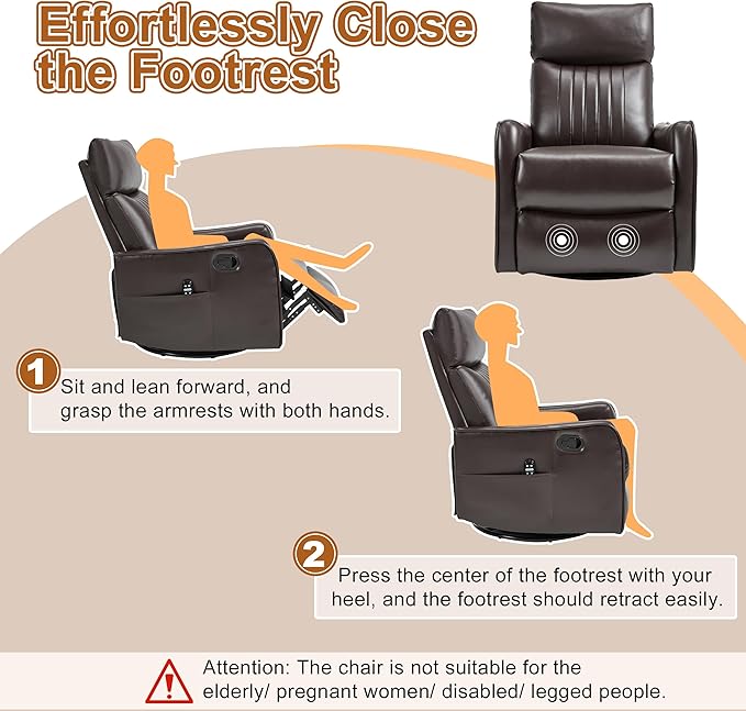 Manual Swivel Rocker Recliner Chair for Adults, Overstuffed Recliner Glider with Massage and Heat, Living Room Reclining Chair, PU Leather Dark Brown