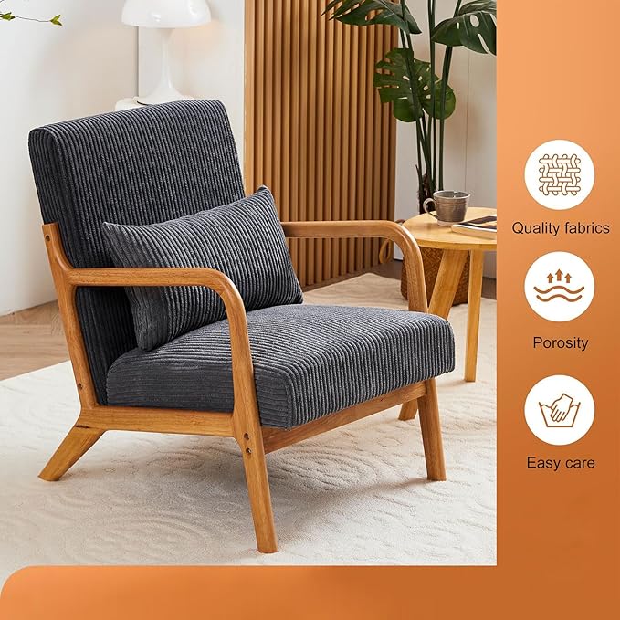 IKIFLY Mid Century Modern Accent Chair with Pillow, Upholstered Lounge Armchair with Solid Wood Frame, Reading Chair with Lumbar Cushion for Living Room, Office, Reading Room, Bedroom - Dark Grey