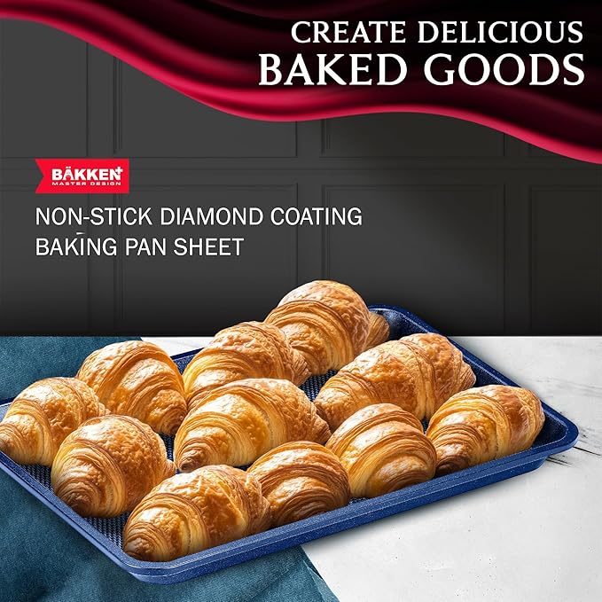 BAKKEN Kitchen Baking Pans - Nonstick Blue Coating, 13.58’’ × 9.65’’ Commercial Grade Carbon Steel Cookie Sheet, Diamond Texture Bottom, PFOA, PFOS, PTFE Free, Oven Safe Tray (450°F), Blue