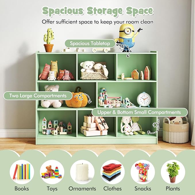 HONEY JOY Kids Toy Storage Organizer, 8-Section Storage Daycare Shelf for Preschool, Children 3-Tier Open Wooden Display Book Shelf Organizer for Classroom, Playroom & Nursery, Kindergarten (Green)