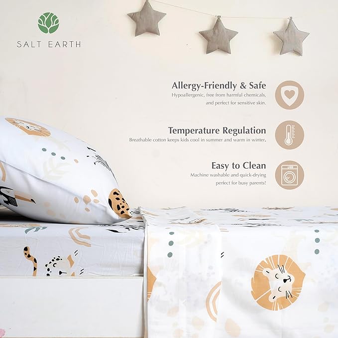 Salt Earth 100% Cotton 210TC Kids Bedsheet, Twin Fitted Sheet, Toddler Bed, 2 Piece Bedding Set- 1 Fitted Sheet and 1 Pillowcase, Themed Toddler Bed Sheets, Cute Sheets for Kids Bed (Jungle)