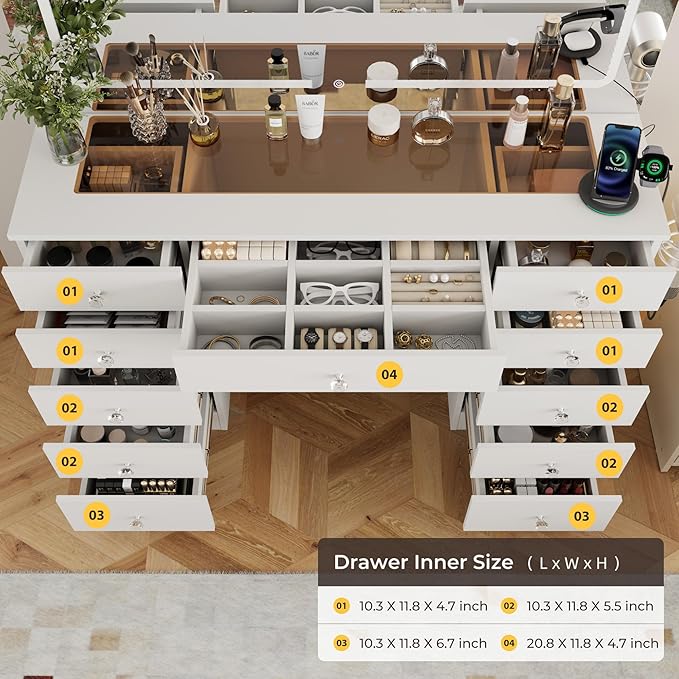 White Makeup Vanity, 11 Drawers Vanity Mirror with Lights, Makeup Vanity Desk with 3 Lighting Modes Adjustable Brightness, Vanity with Glass Top for Bedroom