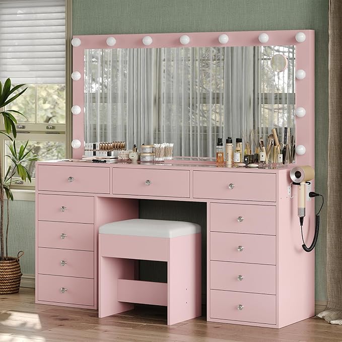 Vanity Desk, 11 Drawers Makeup Vanity with Power Outlet, Vanity Table with Mirror and Lights, 3 Color Lighting Modes, Dressing Table for Bedroom (Pink)
