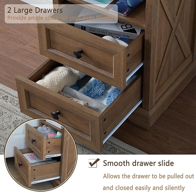 Farmhouse 2 Drawers Dresser for Bedroom, Rustic Small Chest of Drawers with Charging Station, Wood End Table with Open Shelf, Modern Nightstand for Bedroom, Living Room, Entryway, Natural Oak
