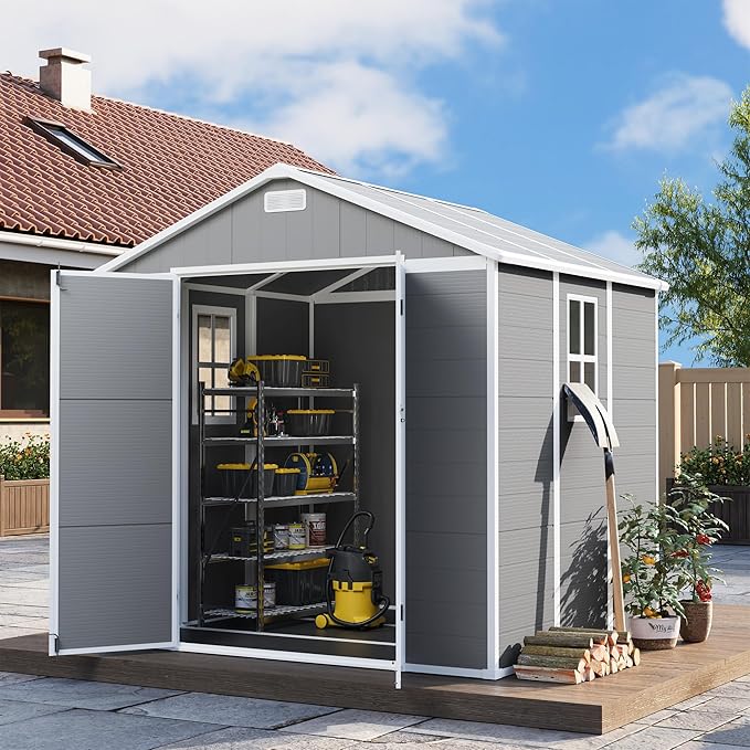 UDPATIO Resin Storage Shed 8 x 6 FT, Outdoor Garden Sheds with Floor Plastic Patio Outdoor Storage Shed with Lockable Door, Gray White