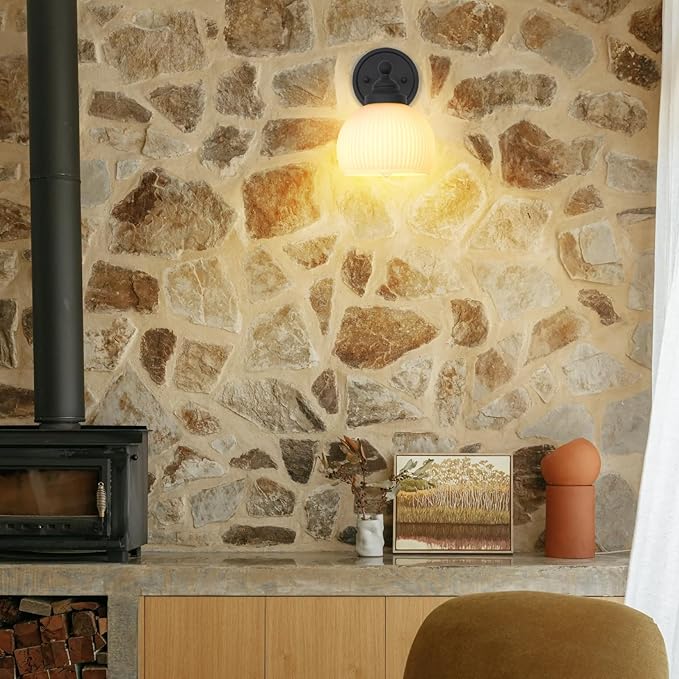 Vintage Wall Sconce 1-Light with White Striped Glass Globe Shade, Indoor Wall Mounted Lamp Fixture for Living Room Bedroom Kitchen Hallway