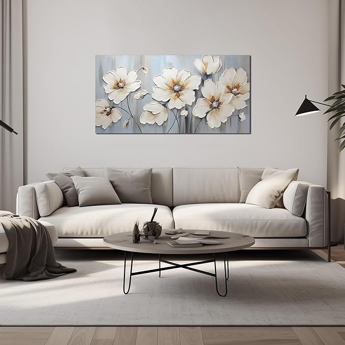 Large Artwork Canvas Wall Art for Living Room Bedroom Modern White Flower Theme Picture Wall Art with Frame Canvas Decorative Artwork Hangable Decor Painting Size 20x40