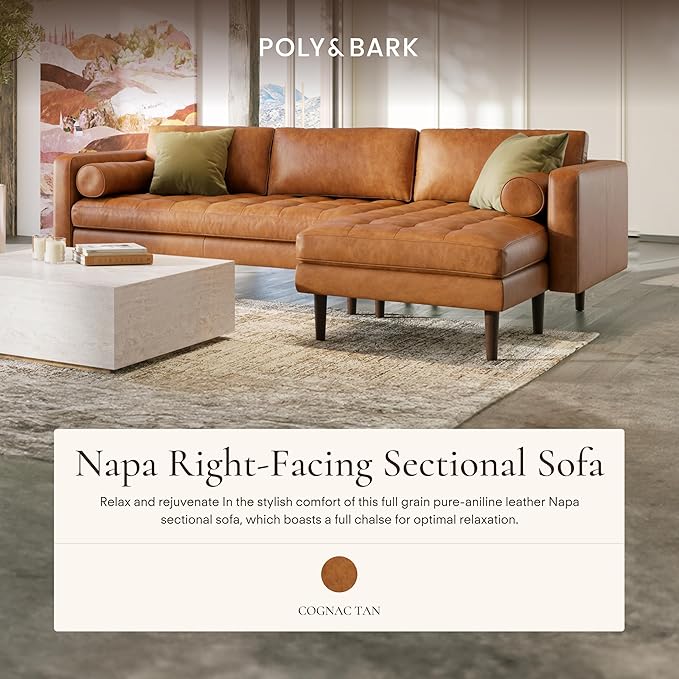 Poly & Bark Napa Leather Couch - Right Facing Sectional Sofa with 2 Bolsters - Full-Grain Leather Sofa for Living Room with Feather-Down Topper - Corner Couch - Vintage Italian Leather in Cognac Tan