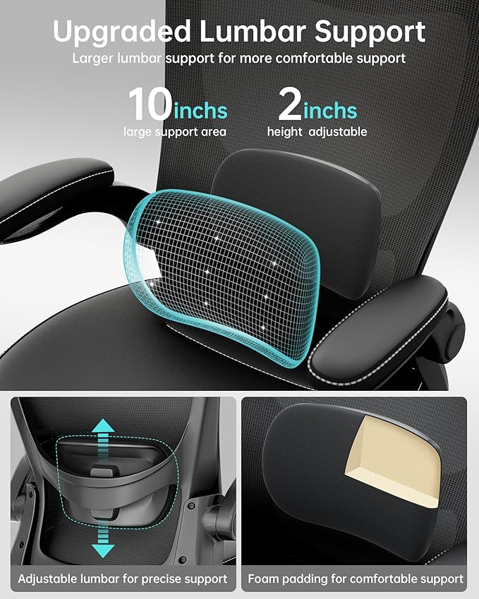 Office Chair, PU Leather Ergonomic Desk Chair with Adjustable Lumbar Support and Flip up Armrest, Breathable Mesh Computer Chair for Home Office, Black