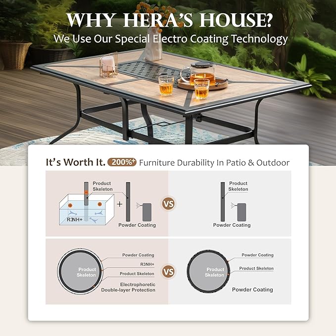 HERA'S HOUSE Patio Dining Sets for 6, Outdoor Rattan Chairs and Wood-Like Table with 1.57" Umbrella Hole, Modern Outdoor Table and Chairs for Deck, Balcony, Backyard and Garden