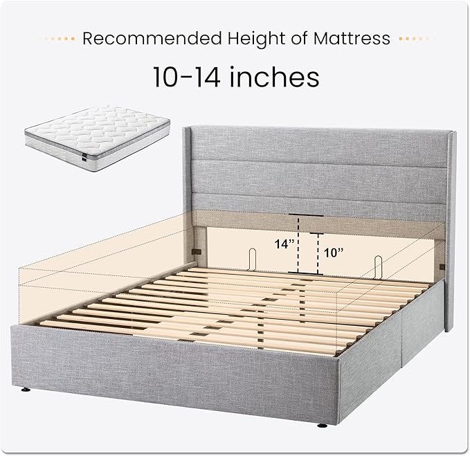 SHA CERLIN Queen Size Lift Up Storage Bed/Modern Wingback Headboard/Upholstered Platform Bed Frame/Hydraulic Storage/No Box Spring Needed/Wood Slats Support/Light Grey