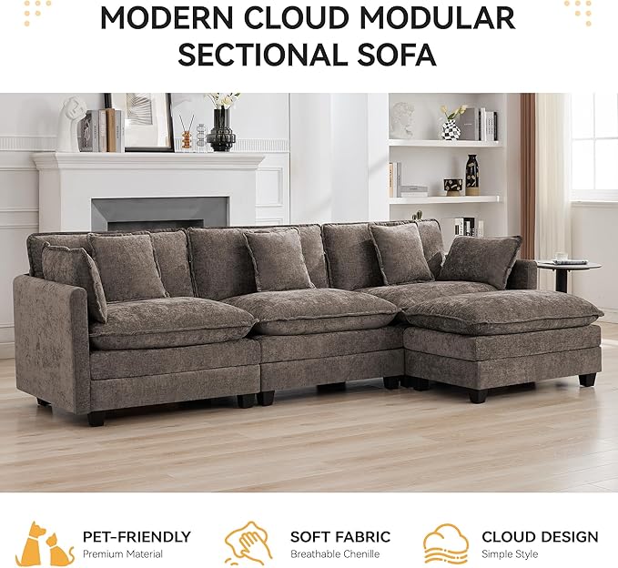 111'' Sectional Cloud Deep Seat Couch, Modern Comfy Chenille L Shaped Sectional Sofa for Living Room Set, Upholstered Modular 3-Seats Sofa Couch with 1 Movable Ottoman, Brown