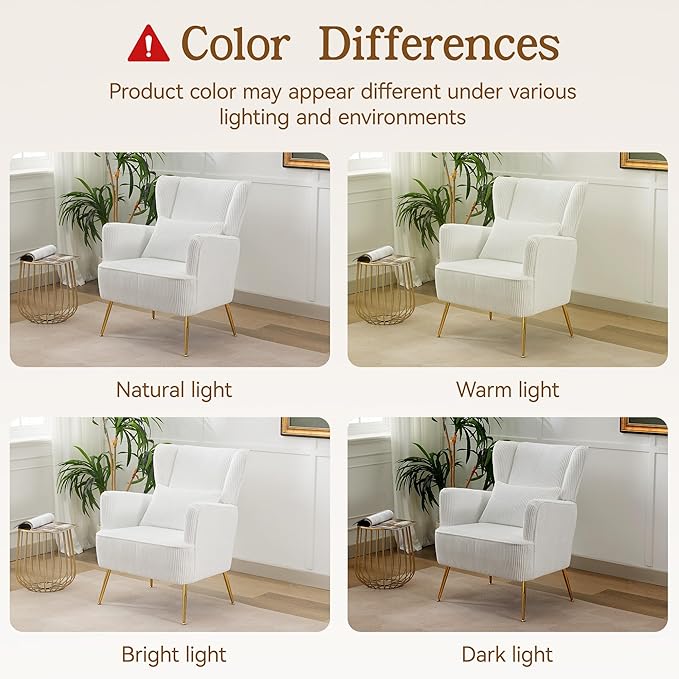 Living Room Chairs Corduroy Accent Armchair with Lumbar Pillow & Gold Leg, 8.5" Thick Cushion, Mid Century Modern High Wingback Bedroom Chairs Upholstered Comfy Sofa Arm Chair, White