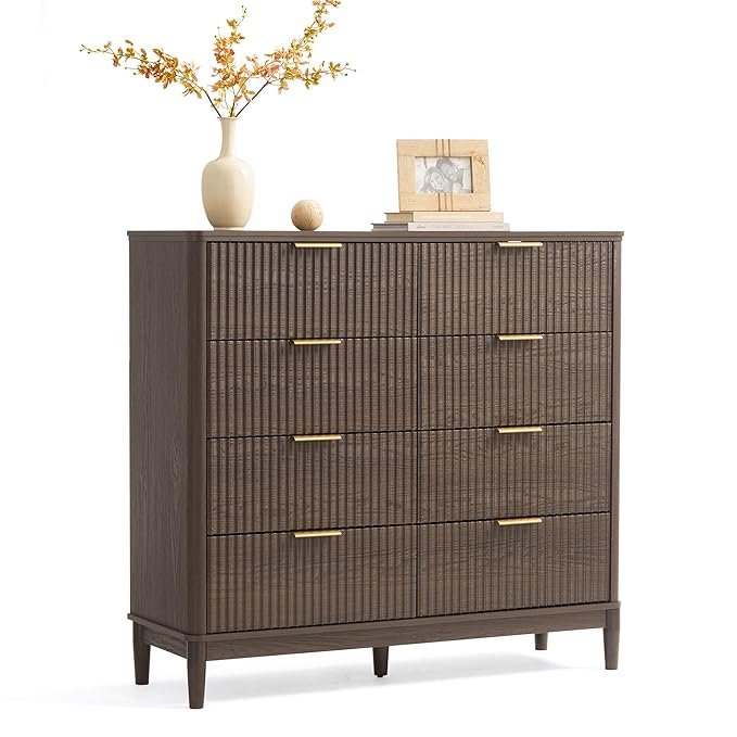 LINSY 8 Drawer Double Dresser for Bedroom, Modern Fluted Wood Chest of Drawers with Gold Metal Handles, Wide Storage Dresser TV Stand for Bedroom, Living Room, Entryway, Walnut