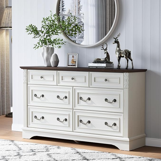 White Dresser for Bedroom, Modern 7 Chest of Drawers, 54" Wide Chest of Drawers w/Carved Pilasters, Wood Closet Organizers and Storage Cabinet for Bedroom, Living Room, Hallway
