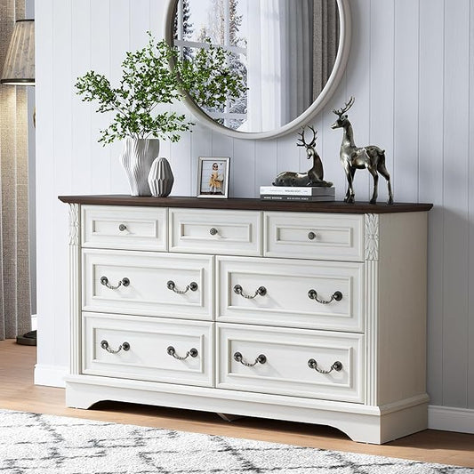 White Dresser for Bedroom, Modern 7 Chest of Drawers, 54" Wide Chest of Drawers w/Carved Pilasters, Wood Closet Organizers and Storage Cabinet for Bedroom, Living Room, Hallway